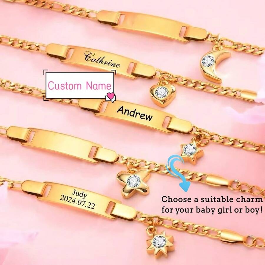 Rhinestone Charm Baby Bracelet Customized Stainless Steel Name Cute White Cubic Zirconia For Kids & Girl, Birthday Gift