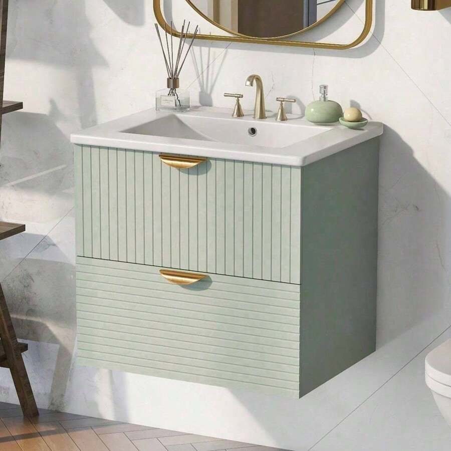 Modern 24-Inch Wall-Mounted Bathroom Vanity With 2 Drawers, Green - Ideal For Small Bathrooms,Victory Store