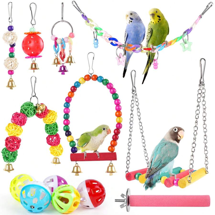 13Pcs/Set Random Color Parrot Toy, Bird Chewing Toy Include Bird Swing, Perch, Stand, Bell, Hanging Hammock, Bird Cage Toy Suitable For Parakeet