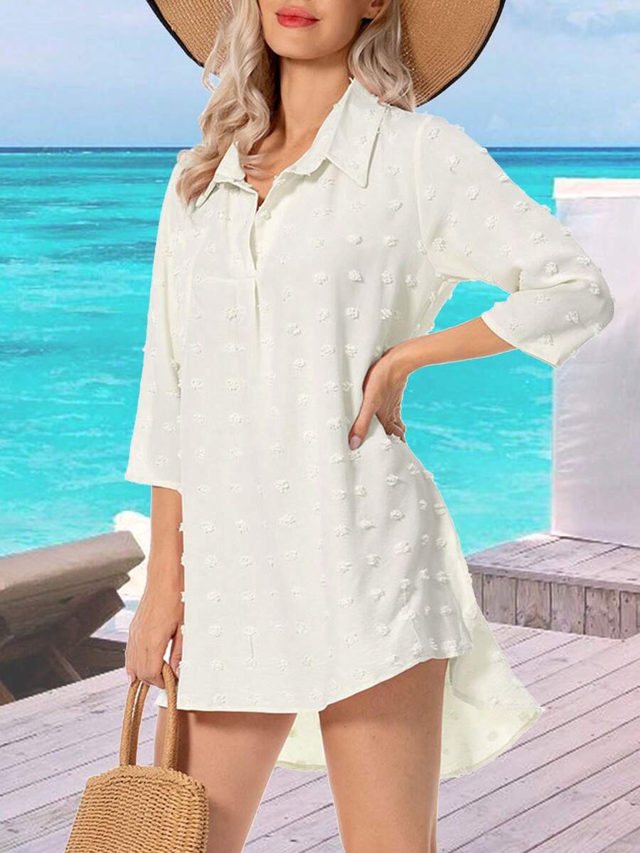 Women Swimsuit Coverups Chiffon Swiss Dots Bikini Swimwear Beach Cover Up 3/4 Sleeve Flowy Pom Pom Summer Dress Shirt