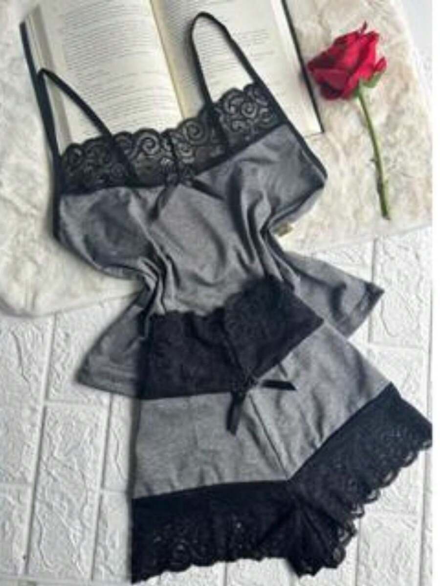 Pijama Feminino Short Baby Doll Renda Short Lingerie Camisete Bicolor Moda