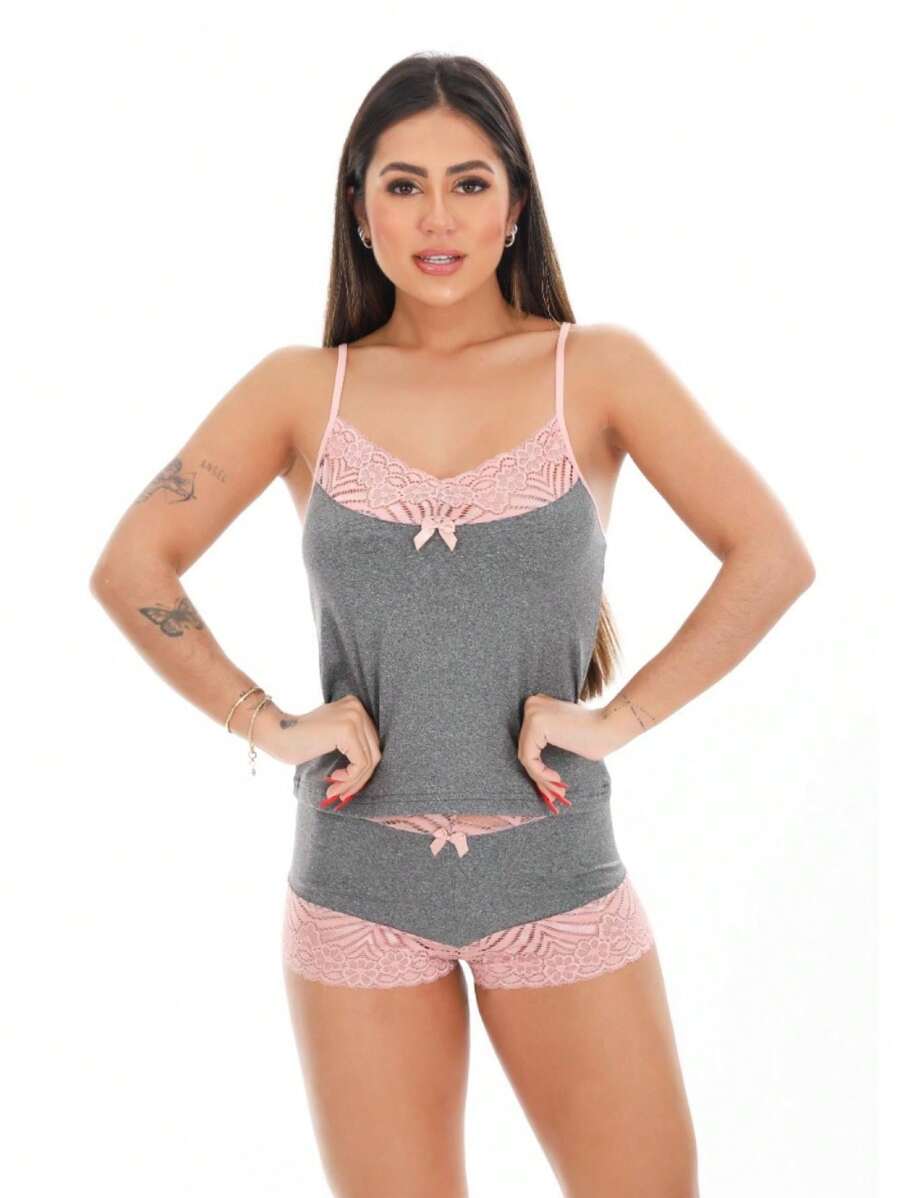Pijama Feminino Short Baby Doll Renda Short Lingerie Camisete Bicolor Moda
