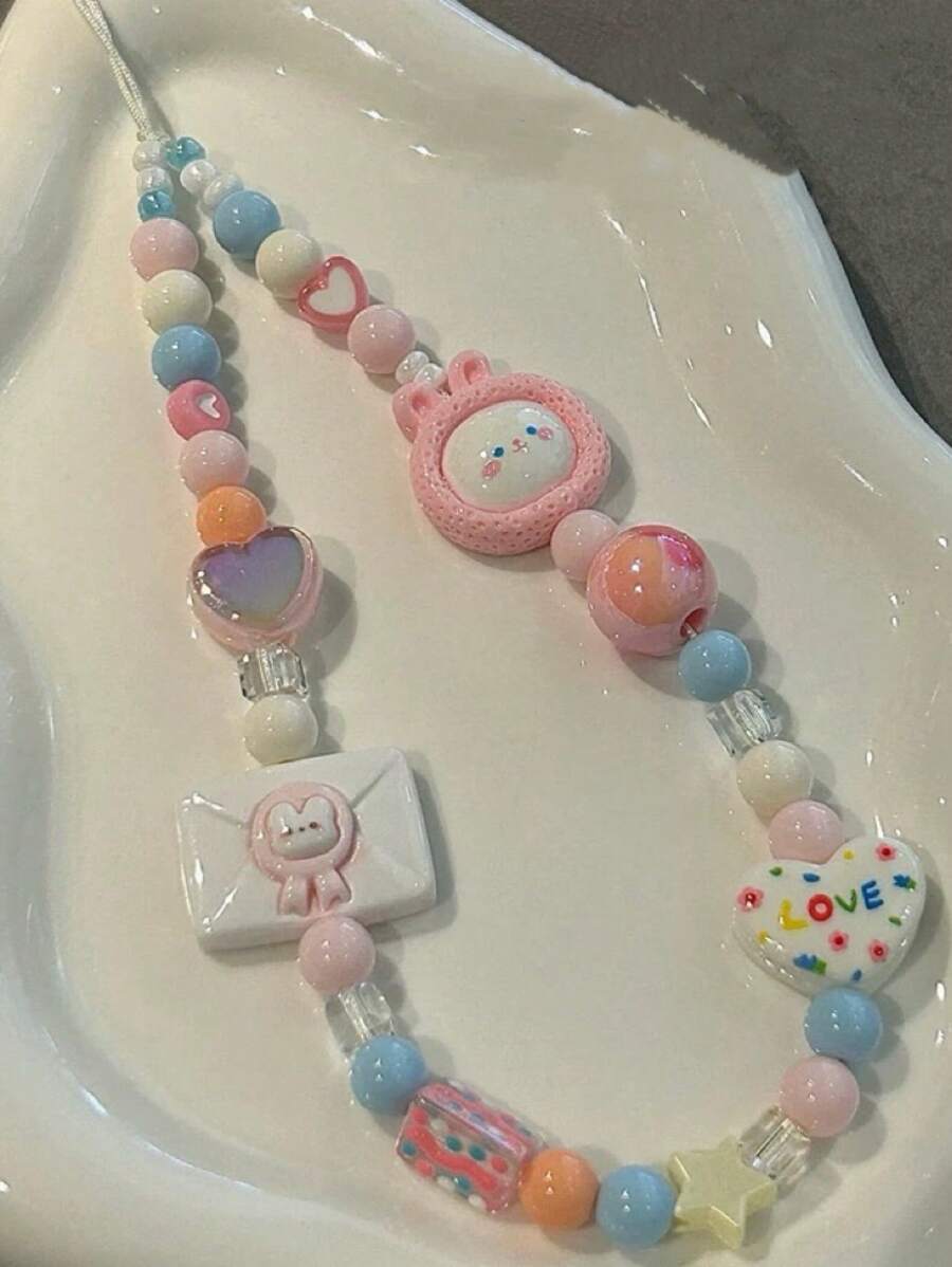 Cordón para teléfono hecho a mano con cuentas y diseño de conejo rosa, suave y encantador, como regalo anti-pérdida para cámara, para madre, familia, amigos, cumpleaños, festividades