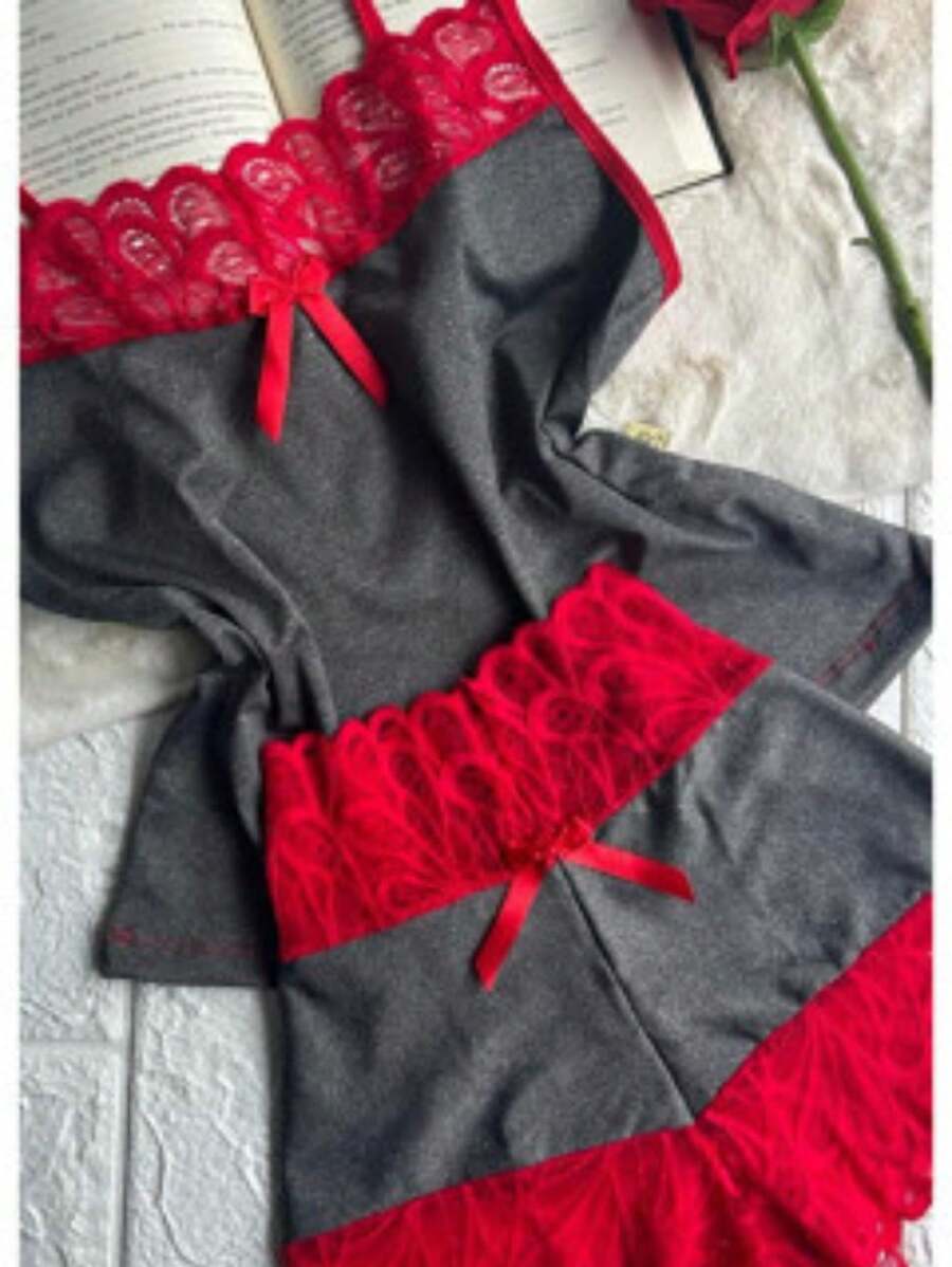 Pijama Feminino Short Baby Doll Renda Short Lingerie Camisete Bicolor Moda