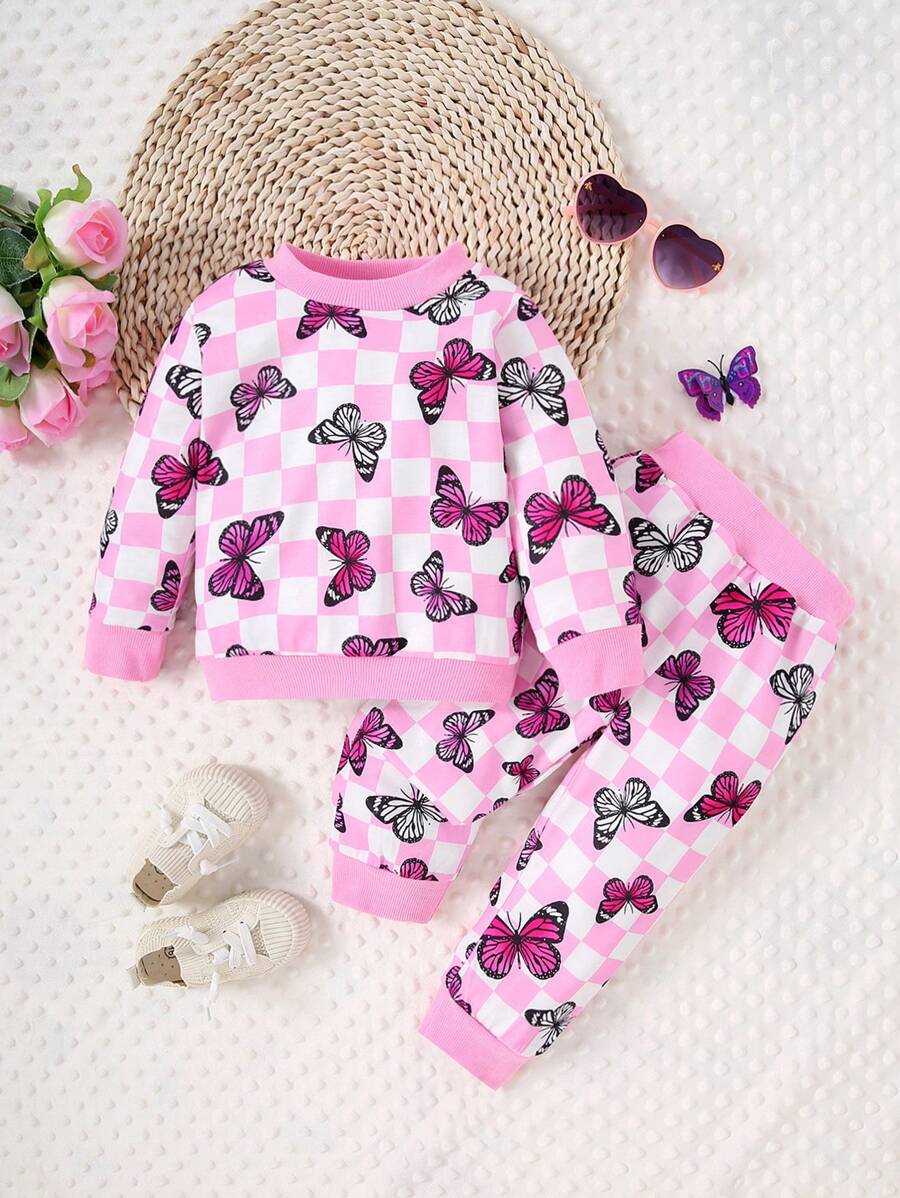 Infant Girls Plaid Print Butterfly Rib Crew Neck Sweatshirt And Sweatpants Set, Fall