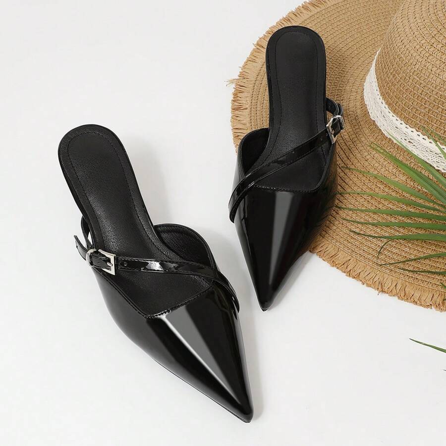 Women's Fashion Flared Kitten Heel Pointed Toe Closed-Back Slippers Sexy Mules Stilettos Black Pumps