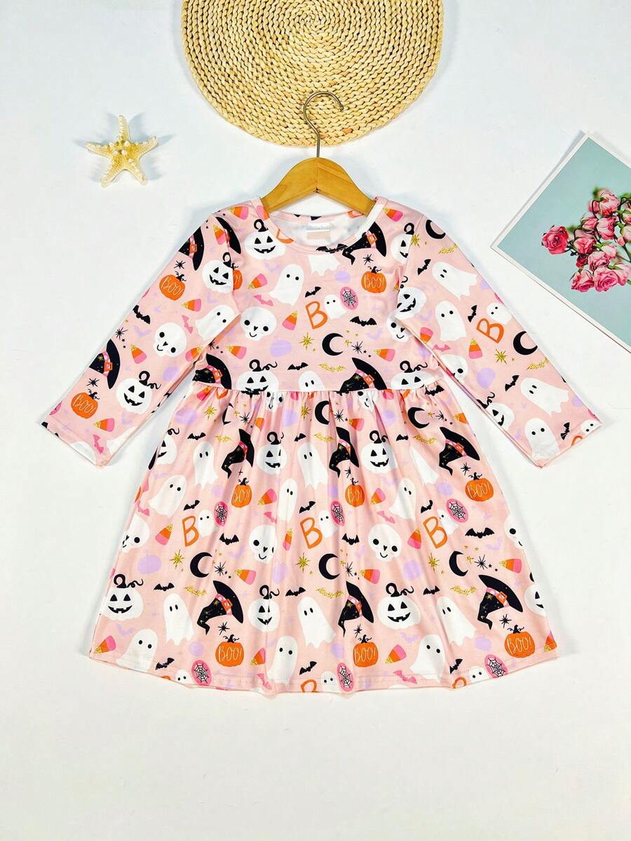 Robe décontractée à manches longues avec imprimé numérique de fantôme de dessin animé pour enfants pour Halloween, taille petite fille