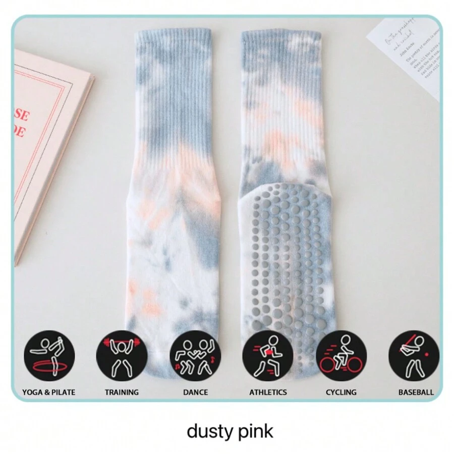 Sports Outdoor Women's Sport Anti-Slip Socks, Middle Tube Silicon Anti-Slip Pilates Yoga Socks, Tie-Dye Style Breathable Socks