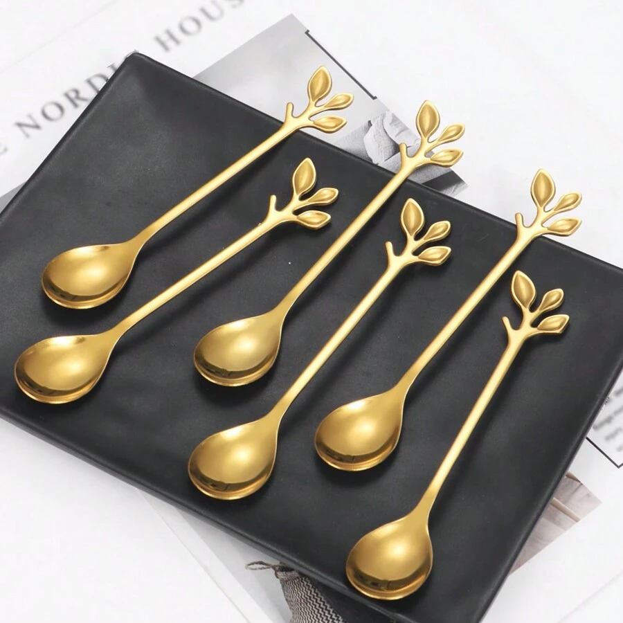 6pcs Gold Color Leaf Dessert Mixing Coffee Spoons Back To School