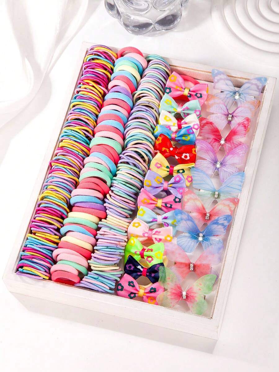 VBOOR 266 pièces Elastiques à cheveux papillon arc-en-ciel, ensemble cadeau d'accessoires pour cheveux à pinces papillon de couleurs bonbon douces pour filles