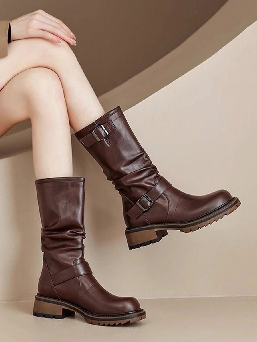 Casual Round Toe Chunky Heel Mid-Calf Boots, Thick Sole Mid Heel Slim Stretch Boots, New Autumn Winter Style