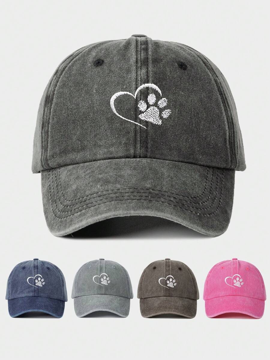 1pc Women Embroidered Heart & Bear Paw Washed Baseball Cap, Adjustable Outdoor Sun Hat, Suitable For Spring, Autumn, Travel, Beach, Vacation, Also Fits Young Men, Y2K Style Valentine's Day Valentines