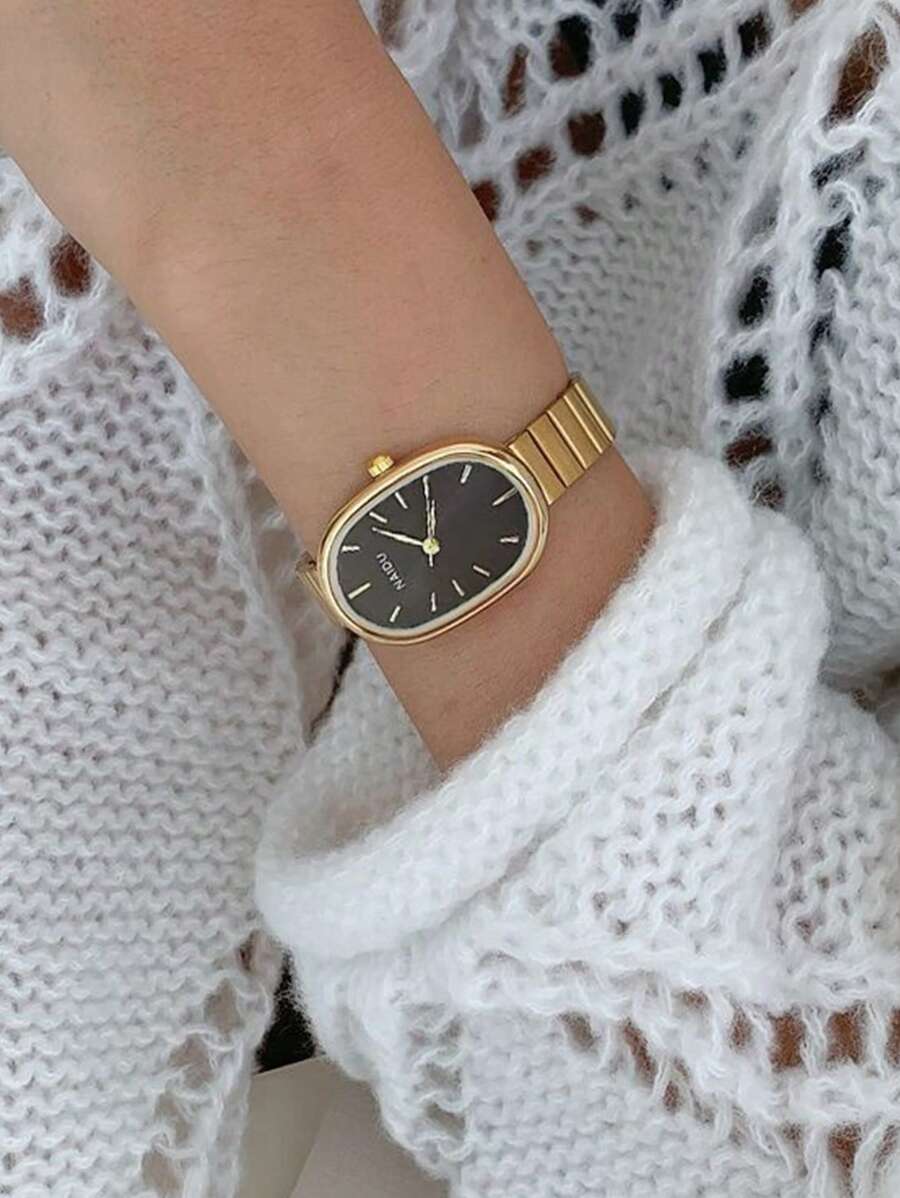 1 pièce Montre à quartz minimaliste pour femmes avec cadran ovale, index de mode, petit cadran, bracelet en bambou, convient pour anniversaire, rentrée scolaire, cadeau d'Halloween