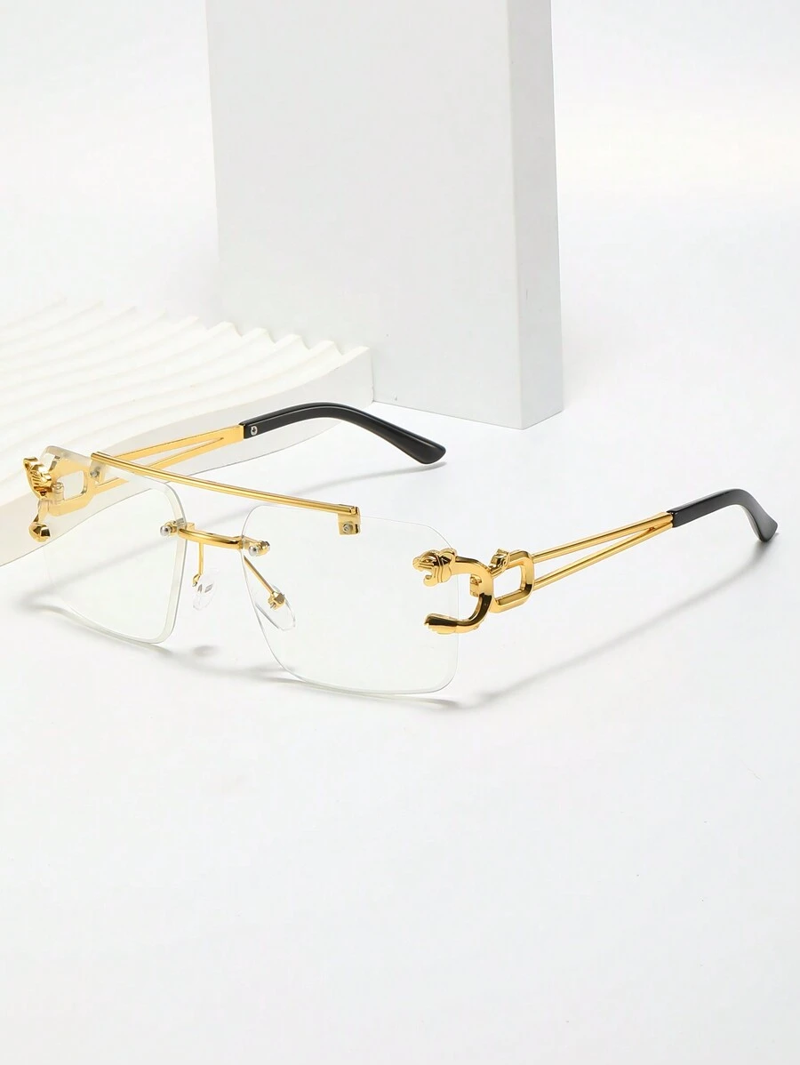 1 pièce Lunettes rectangulaires à monture métallique sans monture, avec décoration tête de tigre, verres transparents. Pour homme, pour l'automne/hiver et Halloween