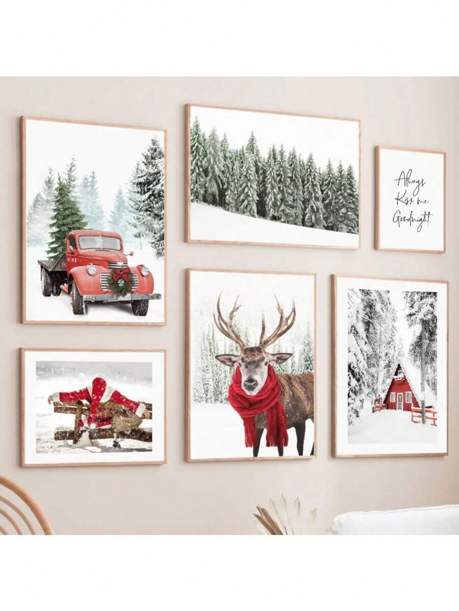 1 pièce Peinture sur canevas Artwork Mur Arbre de pin d'hiver Père Noël Renne Bonhomme de neige Décoration de maison Affiches Impressions Images murales pour salon Sans cadre, Décoration de Noël, Cadeau de Noël