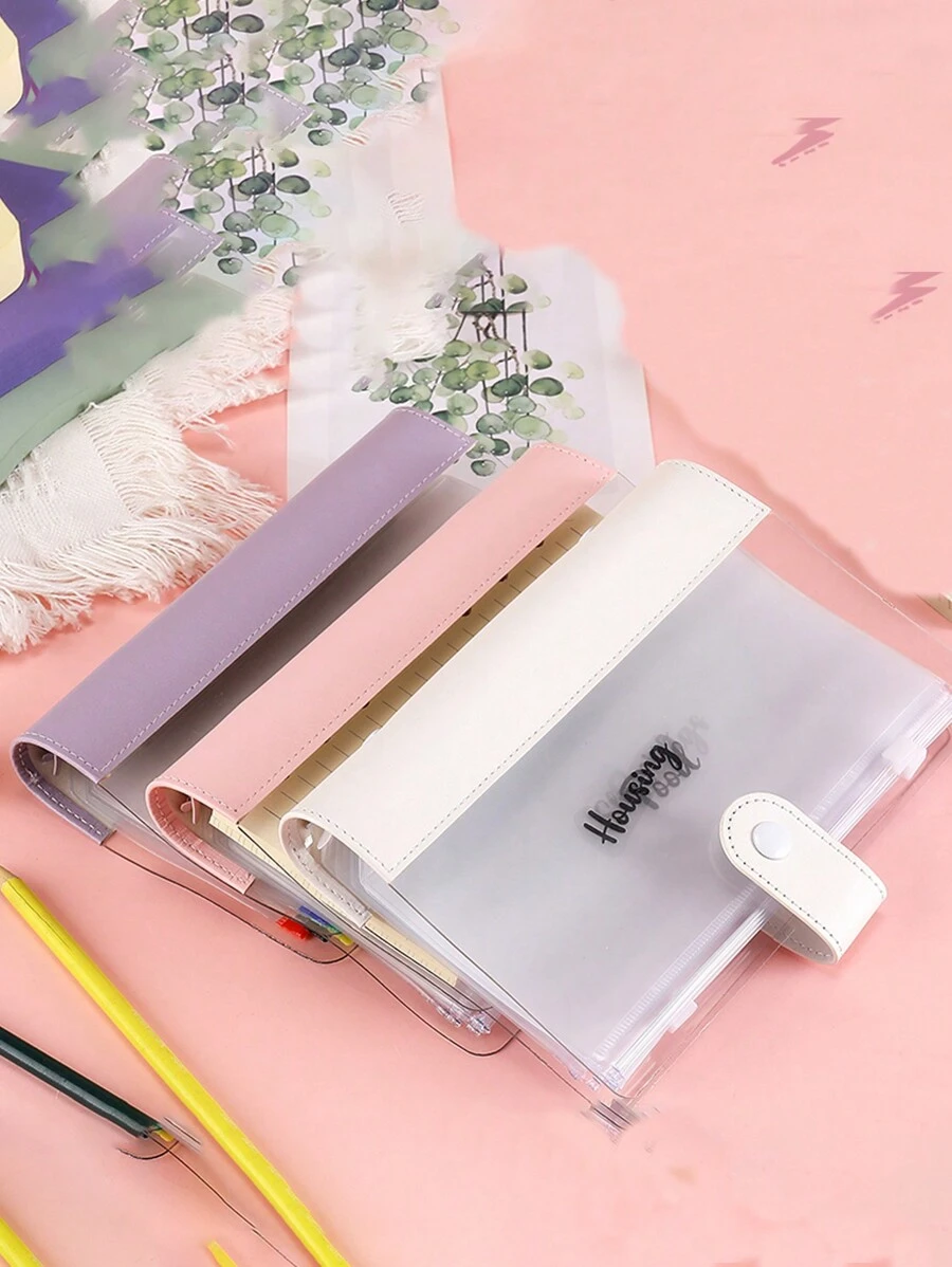 1pc Transparent PVC Candy Color Splicing Binder Loose Leaf Notebook, Includes 6-Ring Binding, 6 Zipper Pouches, 2 English Dividers Back To School,Back To School,School Supplies