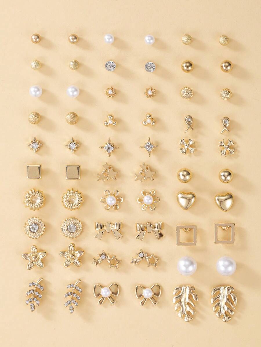 1set/30pairs Fashionable Crystal Flower, Leaf, Faux Pearl & Heart Shaped Stud Earrings Set, Elegant Metal Gift Jewelry For Daily Wear Valentines,Mom,Mother,Mother's Day,Gift