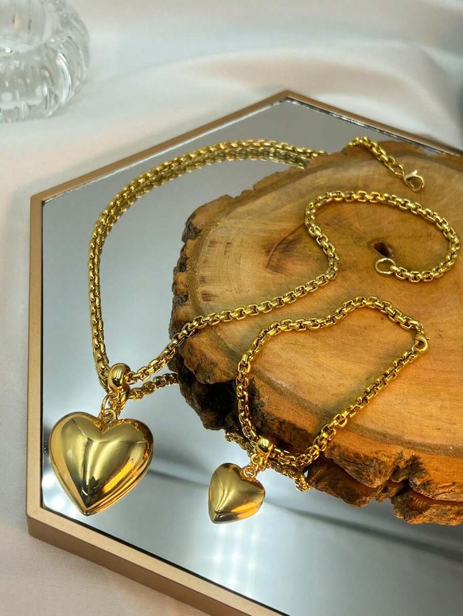 Conjunto Colar e pulseira semijoia coração dourado corrente veneziana fina com verniz italiano