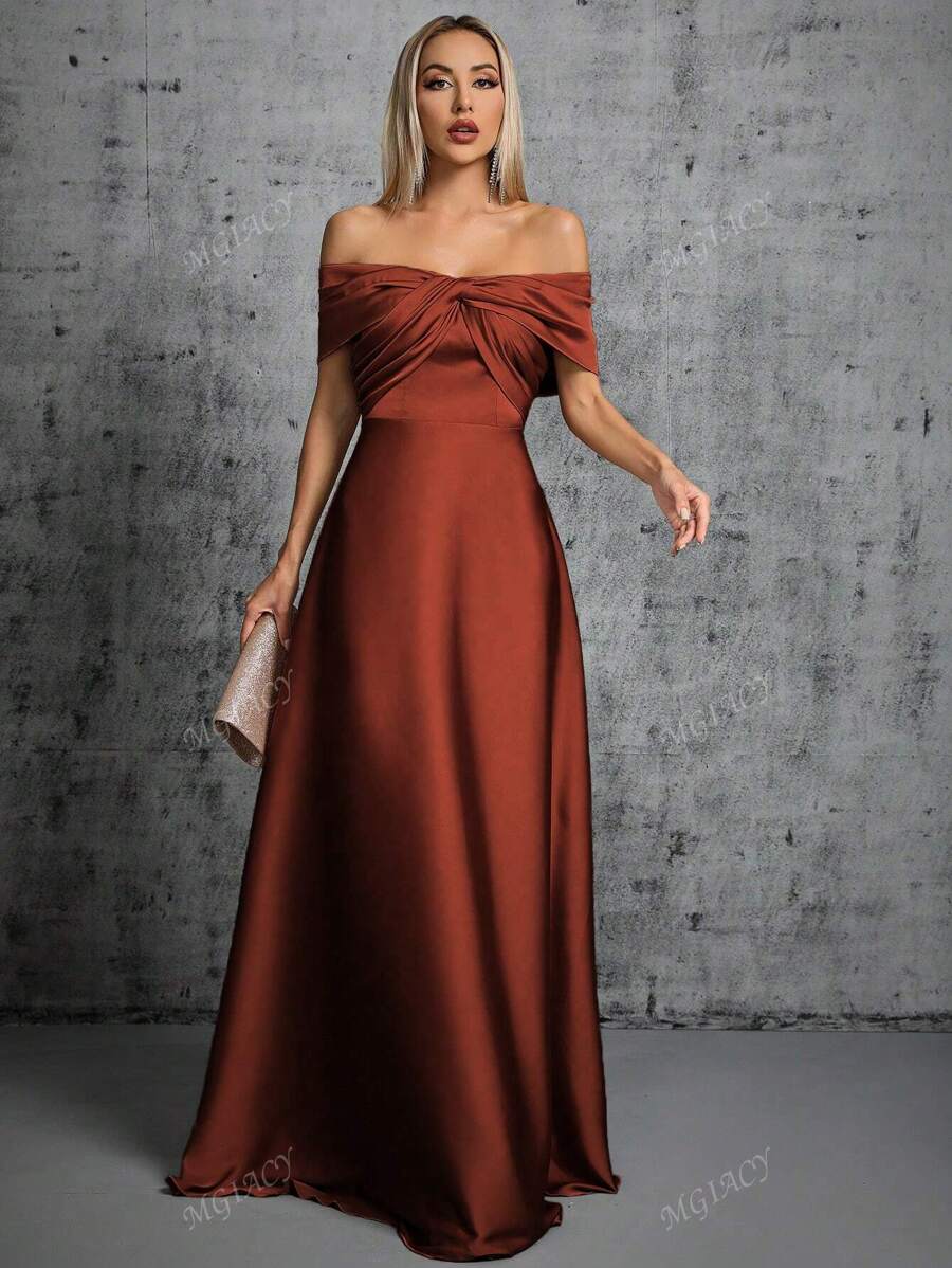 Satin Off-Shoulder Asymmetrical Pleated High Low Dress, Elegant Bridesmaid Dress