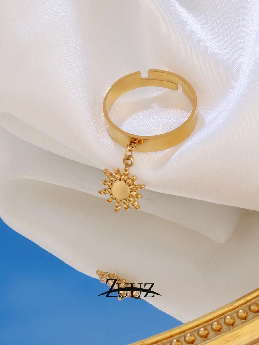 1 pieza Anillo con colgante de sol de acero inoxidable con baño de oro de 18K, de diseño geométrico abierto, anillo para mujer, mejor regalo de amigas