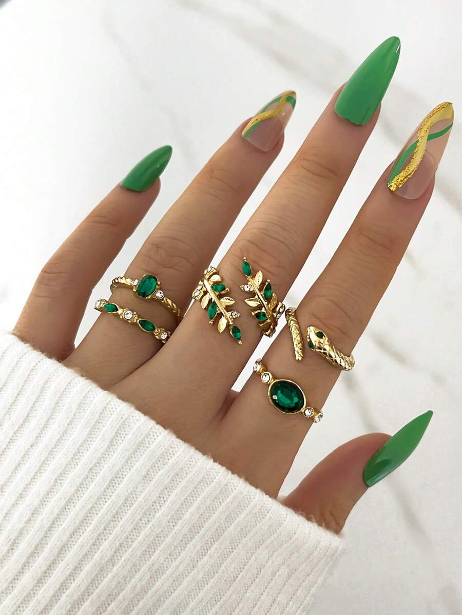 5 pièces/set Bague de serpent ornée de cristaux de strass imitant l'émeraude vintage et bague de feuille pour femmes