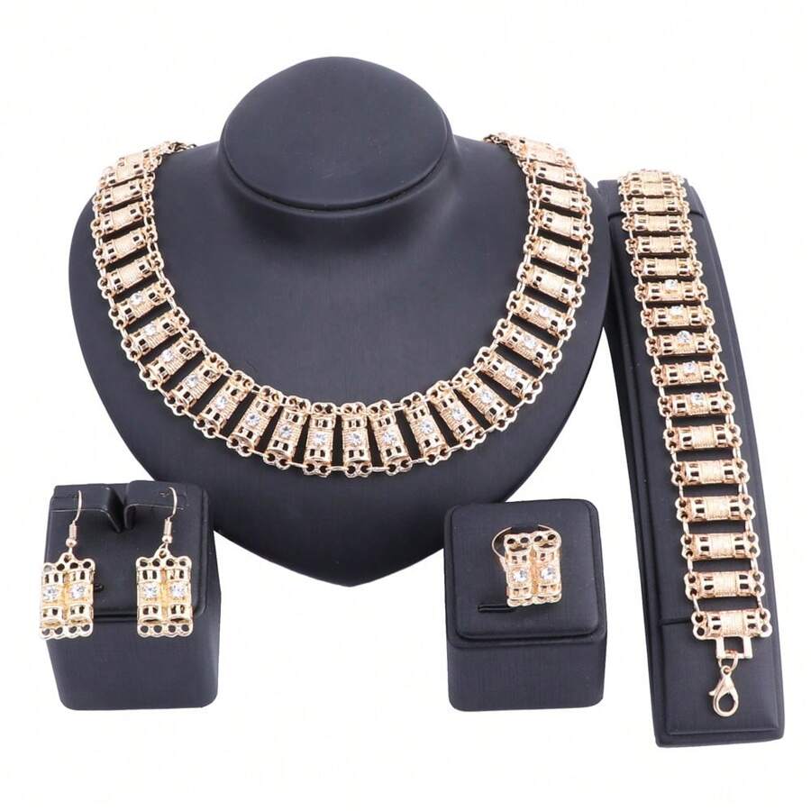 1 Set Middle Eastern Gold Plated Crystal Necklace, Bracelet, Earrings, Ring Jewelry Set, Suitable For Women's Wedding, Party Wear, Gift