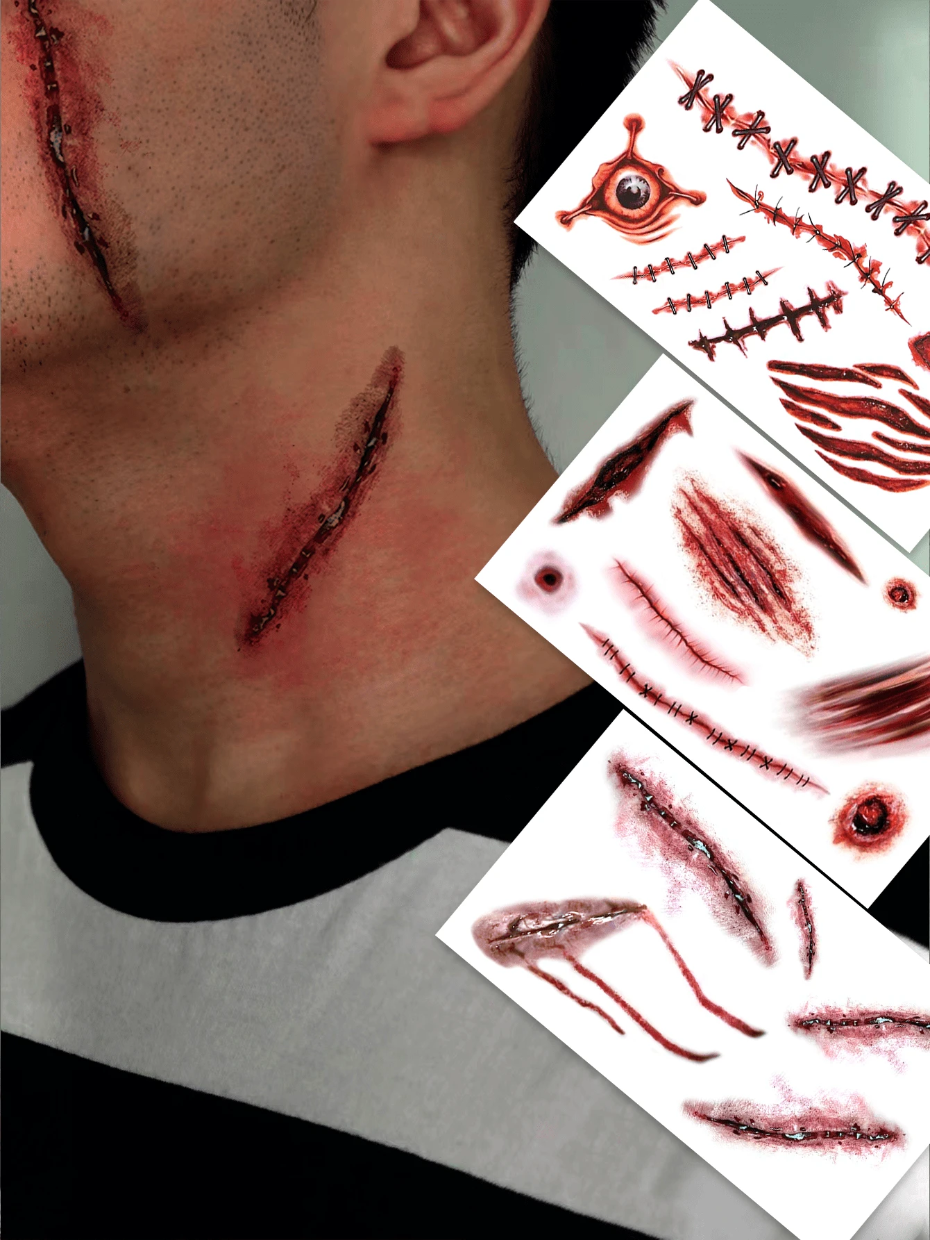 3 pezzi Tatuaggi temporanei di cicatrici e ferite per Ognissanti, per viso, collo, mani, braccia, parti del corpo