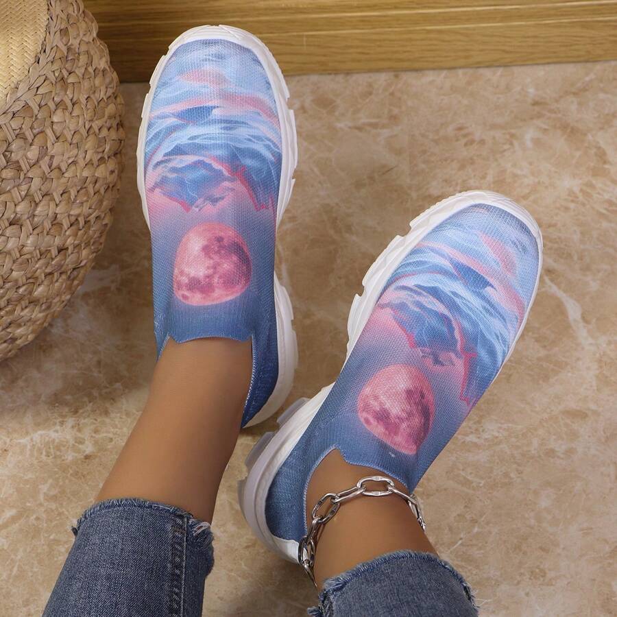 Spring Autumn New Halloween Party Day Of The Dead Fashionable Lightweight Anti-Slip Thick Bottom Durable Flat Low Heel Round Toe Breathable Knitted Embroidered Printed Comfy Slip-On Flat Casual Shoes For Women Office Wear
