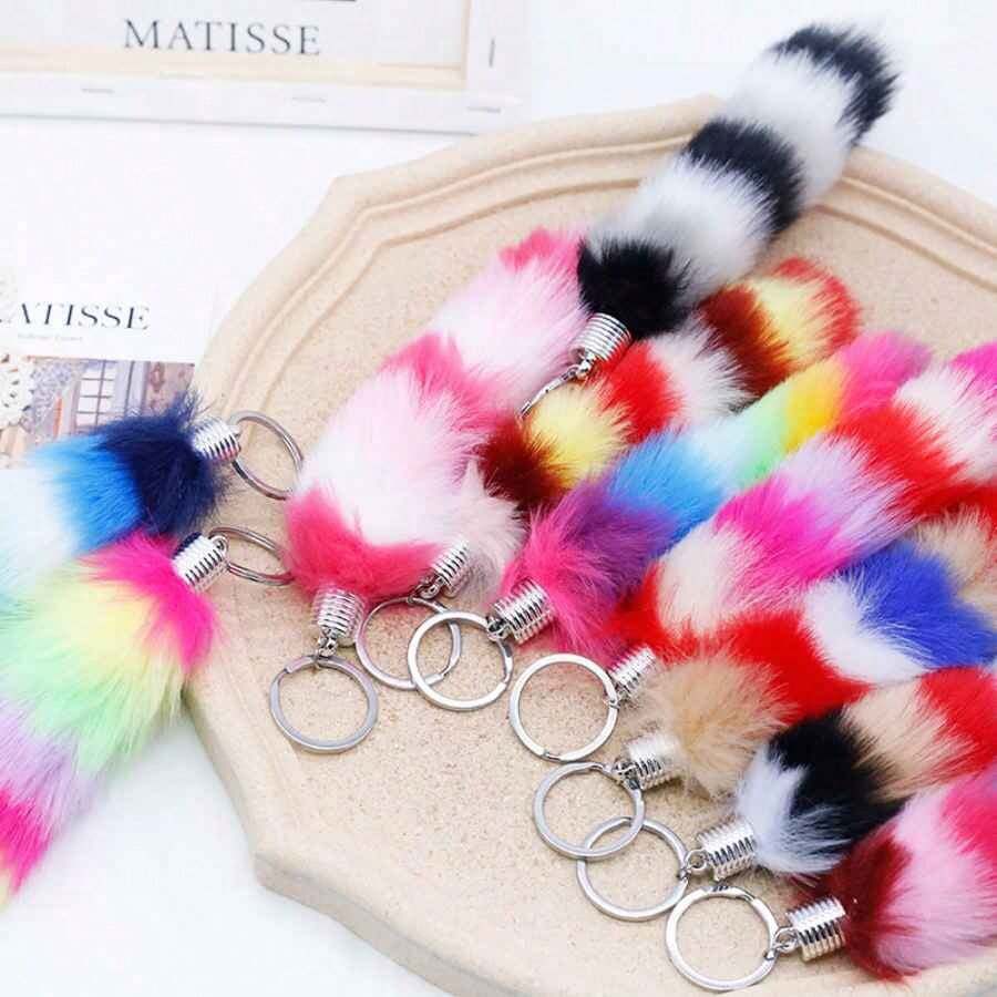 1 buc pandantiv nou cu coadă cu dungi din blană de iepure din imitație, cu pandantiv de pluș cu bilă de blană colorată, breloc drăguț, decor pentru geantă, accesorii auto, pandantiv pentru geantă, rucsac pentru școală, gotic Y2k