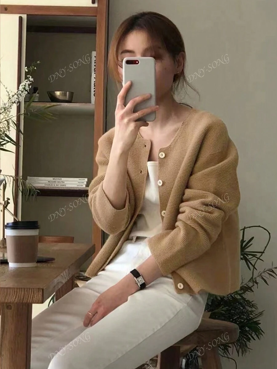 Korean Style V-Neck Solid Color Loose Fit Casual Cardigan For Women