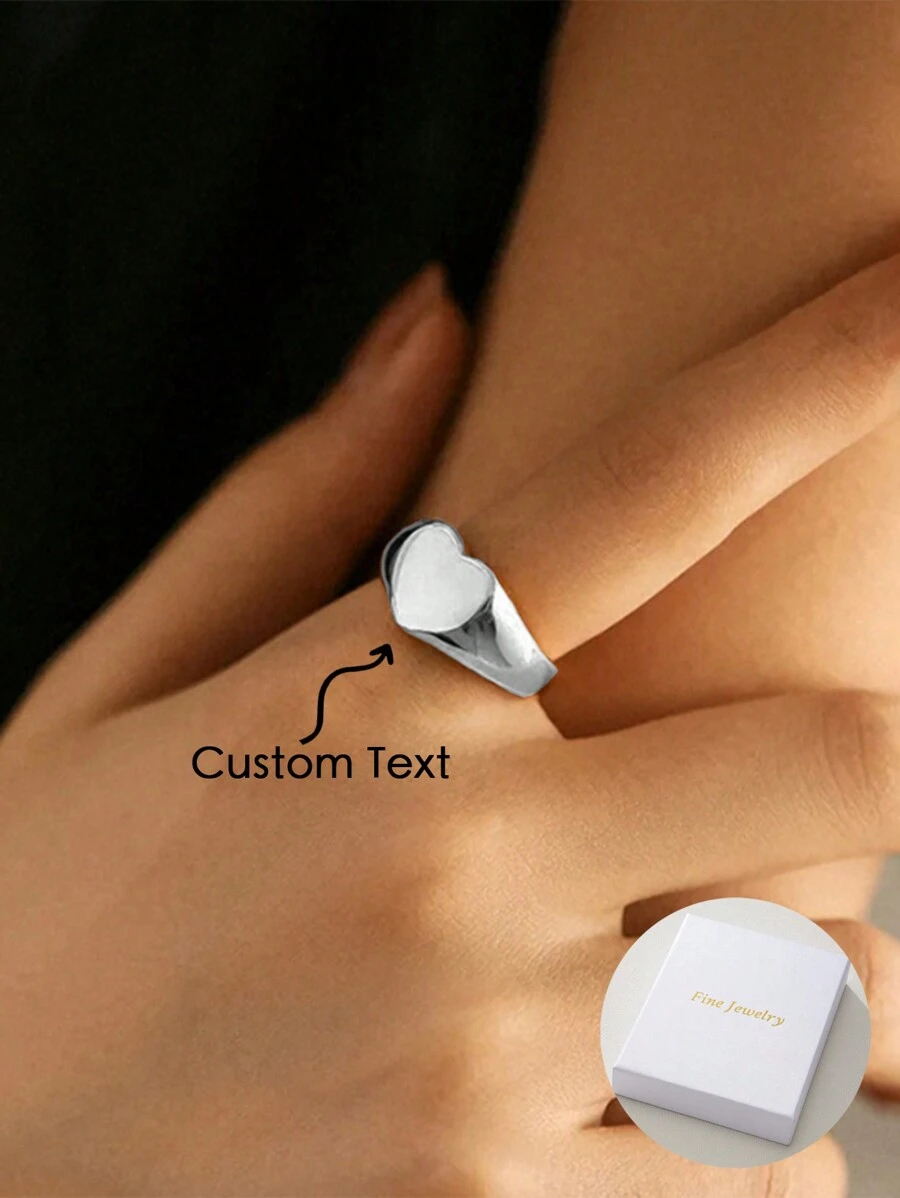 Solid Color Simple And Elegant Heart-Shaped Cut Surface Can Be Carved With English Letters, Patterns, Numbers, Customized Ring, Retro Classic, A Good Quality And Versatile Accessory Gift For Men And Women