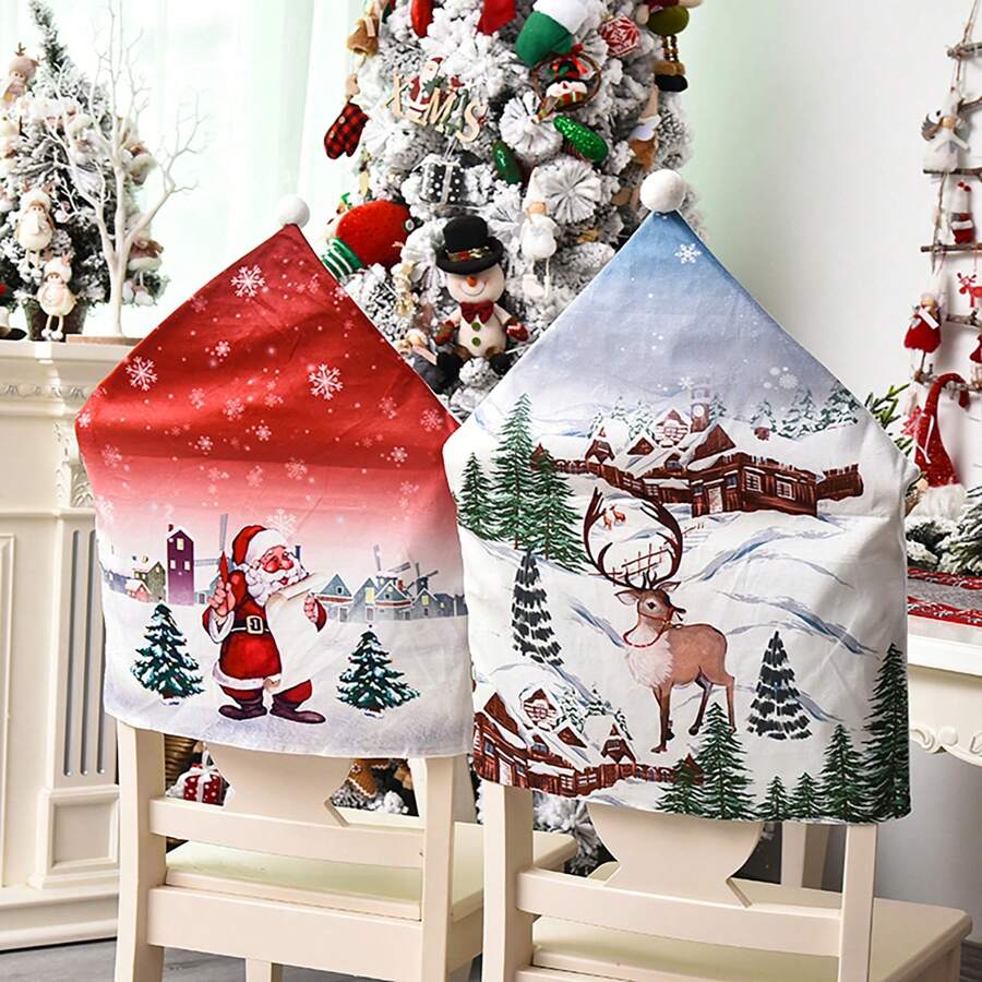 1pc/3pcs New Printed Velvet Chair Cover, Santa Claus, Snowman, Deer Pattern Chair Backrest Cover, Christmas Snowy House Chair Cover, Anti-Pollution And Dustproof Slipcover, Christmas Scene Party Decor, Suitable For Home, Kitchen, Dining Room, Farmhouse Decor, Party Decoration,Christmas