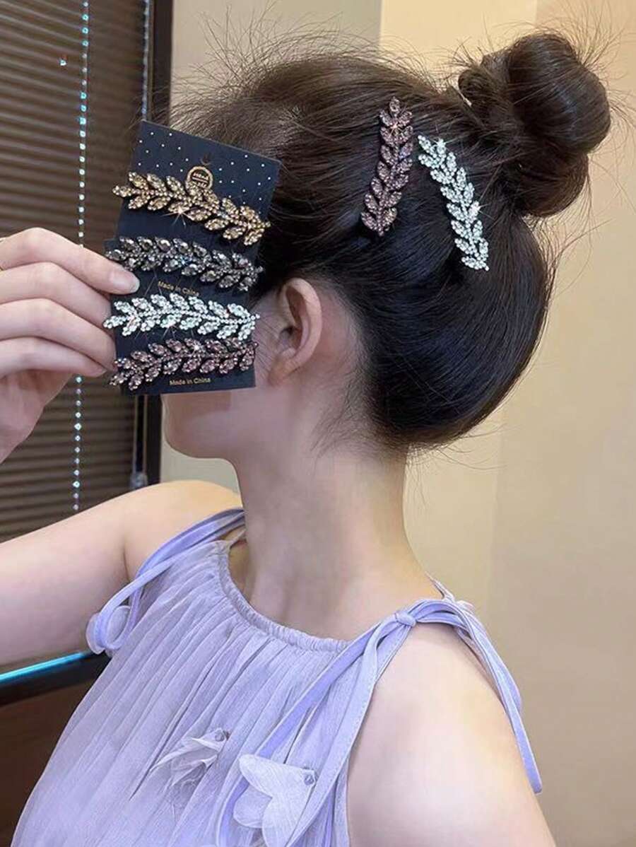 2pcs/4pcs Rhinestone Wheat Ear Hair Clip,Bangs Clip,Delicate Side Clips,Nape Hair Clips,Sweet Half Up Hair Clips