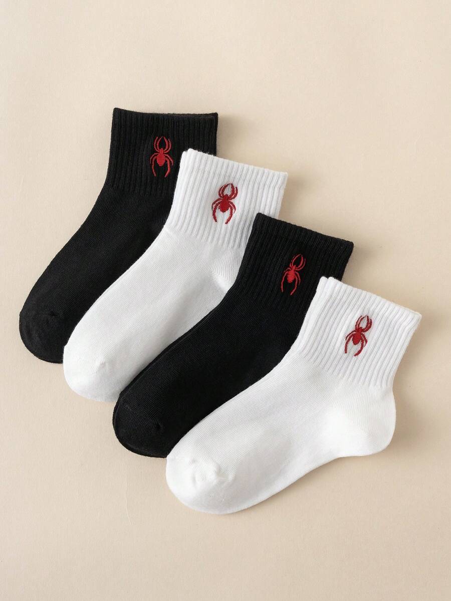 4 Pairs Cartoon Spider Embroidered Crew Socks, Breathable Everyday Casual Socks For Kids, Suitable For All Seasons