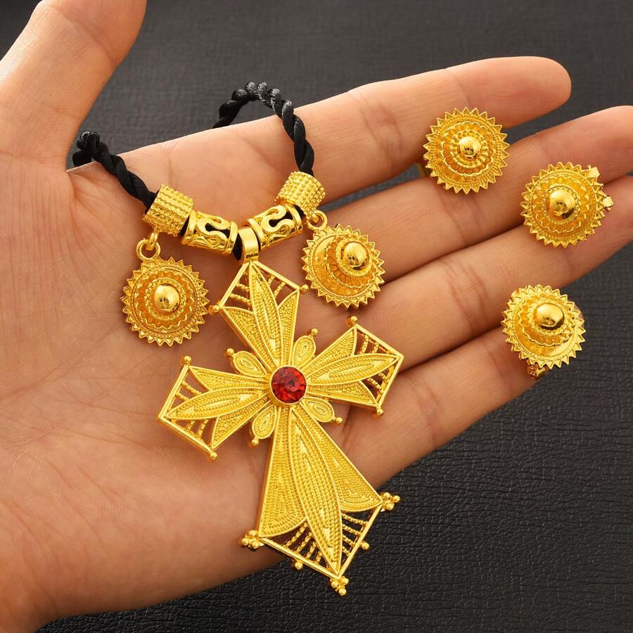 3 pièces/set Ensemble de bijoux trois pendentifs croix doré, nouvelle conception, boucles d'oreilles, bague, collier, cadeau de fête