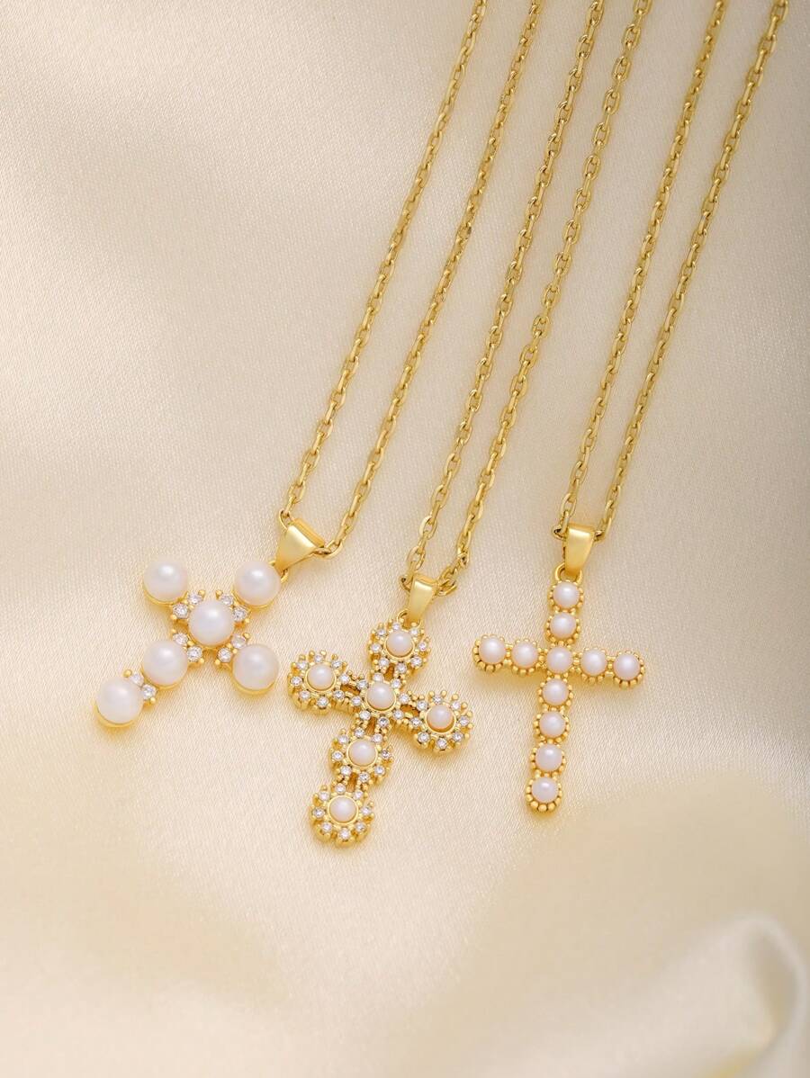 1pc Lovely Pearl Decor Stainless Steel Cross Necklace Pendant, Suitable For Party, Gathering, Daily Wear