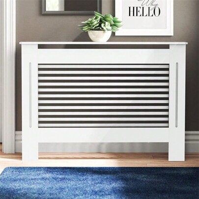 UNHO 92cm High Radiator Cover Wood Cabinet Heater Cover W/ Shutter Grid Fence Bedroom White Grey S/M/L/XL,Bag,Organizer,Storage