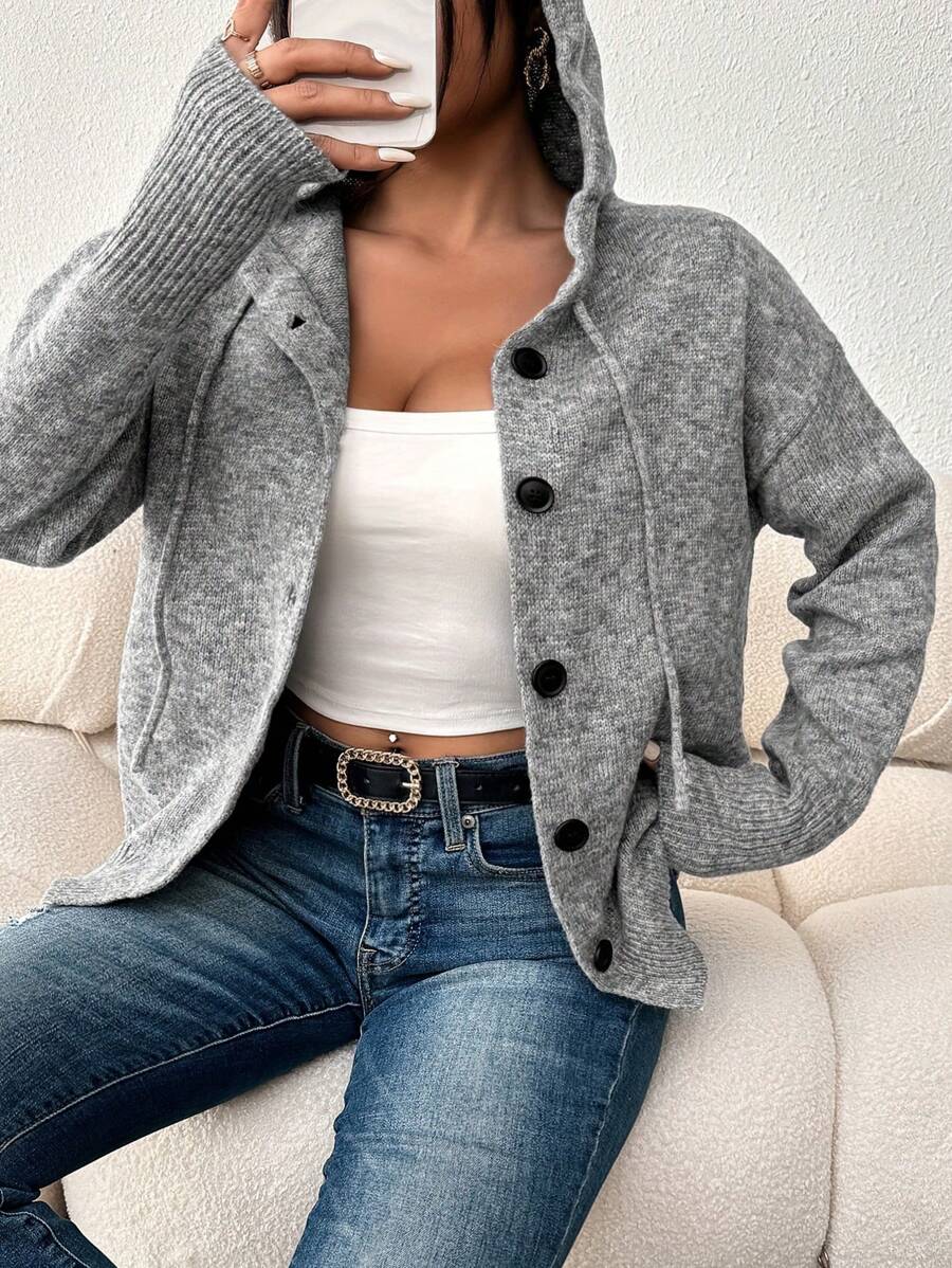 Cárdigan de mujer talla grande, unicolor con capucha, botones y cordón, manga larga, suéter ligero de punto casual, para invierno