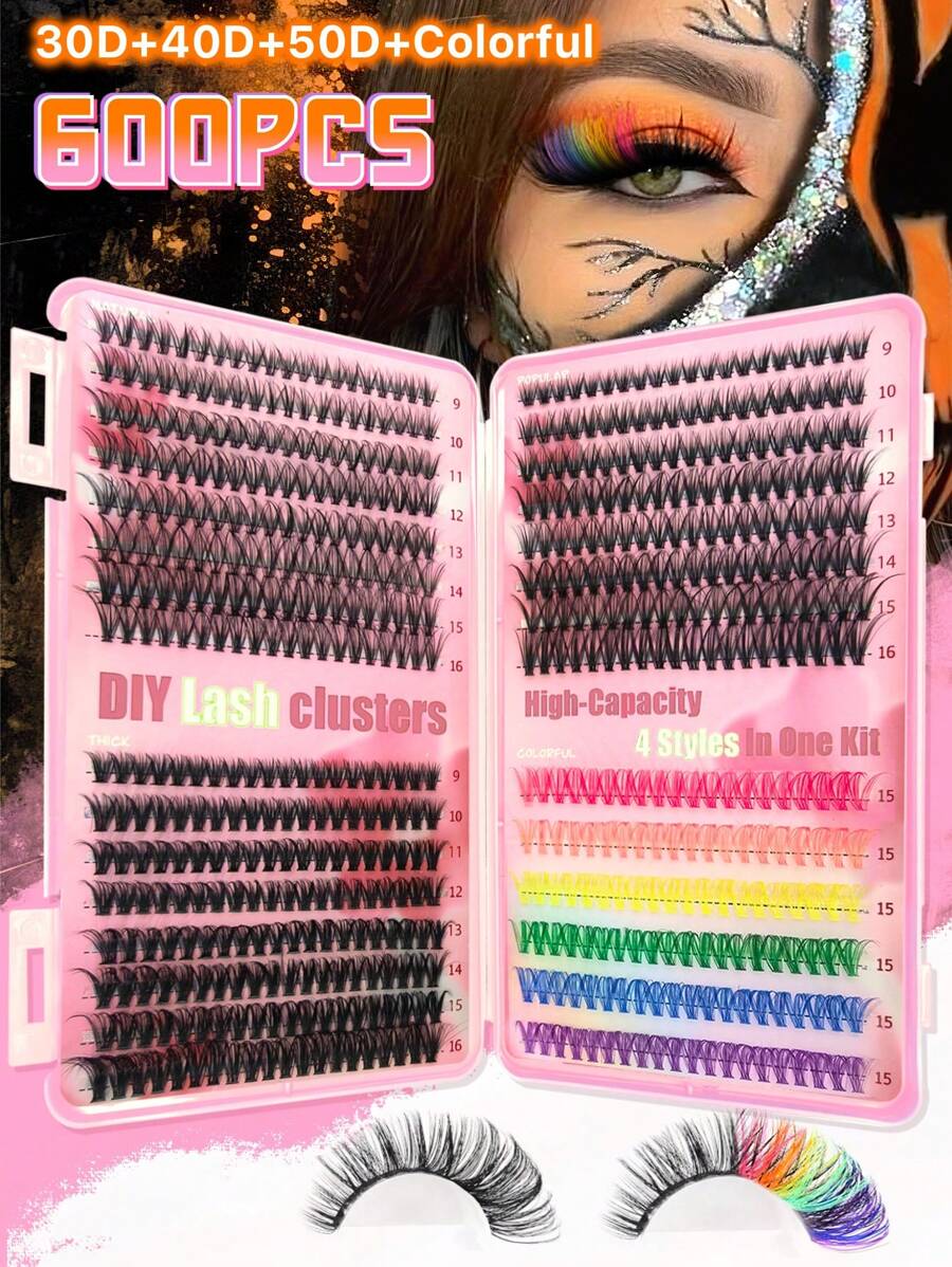 600 piezas Racimos de pestañas individuales coloridos, gran capacidad 30D+40D+50D+Curl de color D 9-16mm, kit de extensión de pestañas postizas individuales segmentadas temático de Halloween, volumen dramático y 7 colores mezclados, aspecto natural y extra grueso, wispy y ultra suave, súper ligero y reutilizable para uso personal en el hogar, Halloween, cosplay y vida diaria