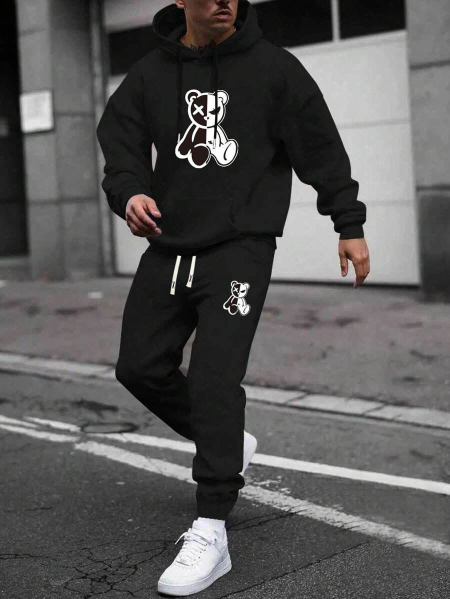 Men's Casual Hoodie Sweatshirt And Drawstring Waist Sports Pants 2 Pieces Outfit, Printed Pattern, Spring And Autumn