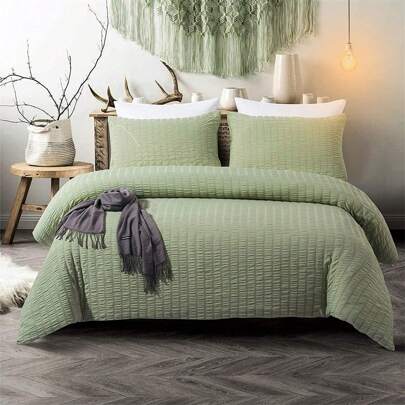 3 Pieces Green Classic Seersucker Duvet Cover Sets With Pillow Case Seersucker Bedding Set With Zipper Closure Soft Microfiber Puckering Bedding Set Double/King/Super King Size