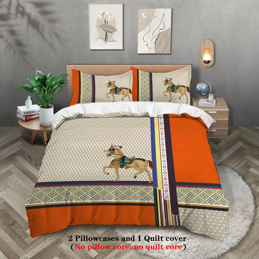 3pcs Luxury Design Classic Orange Patchwork Style Digital Printing, Skin-Friendly And Breathable, Warm And Comfortable, Anti-Pilling, Machine Washable, Suitable For All Seasons, Quilted, Hemmed, Sanded, 1 Quilt Cover + 2 Pillowcases Unfilled Bedding Three-Piece Set