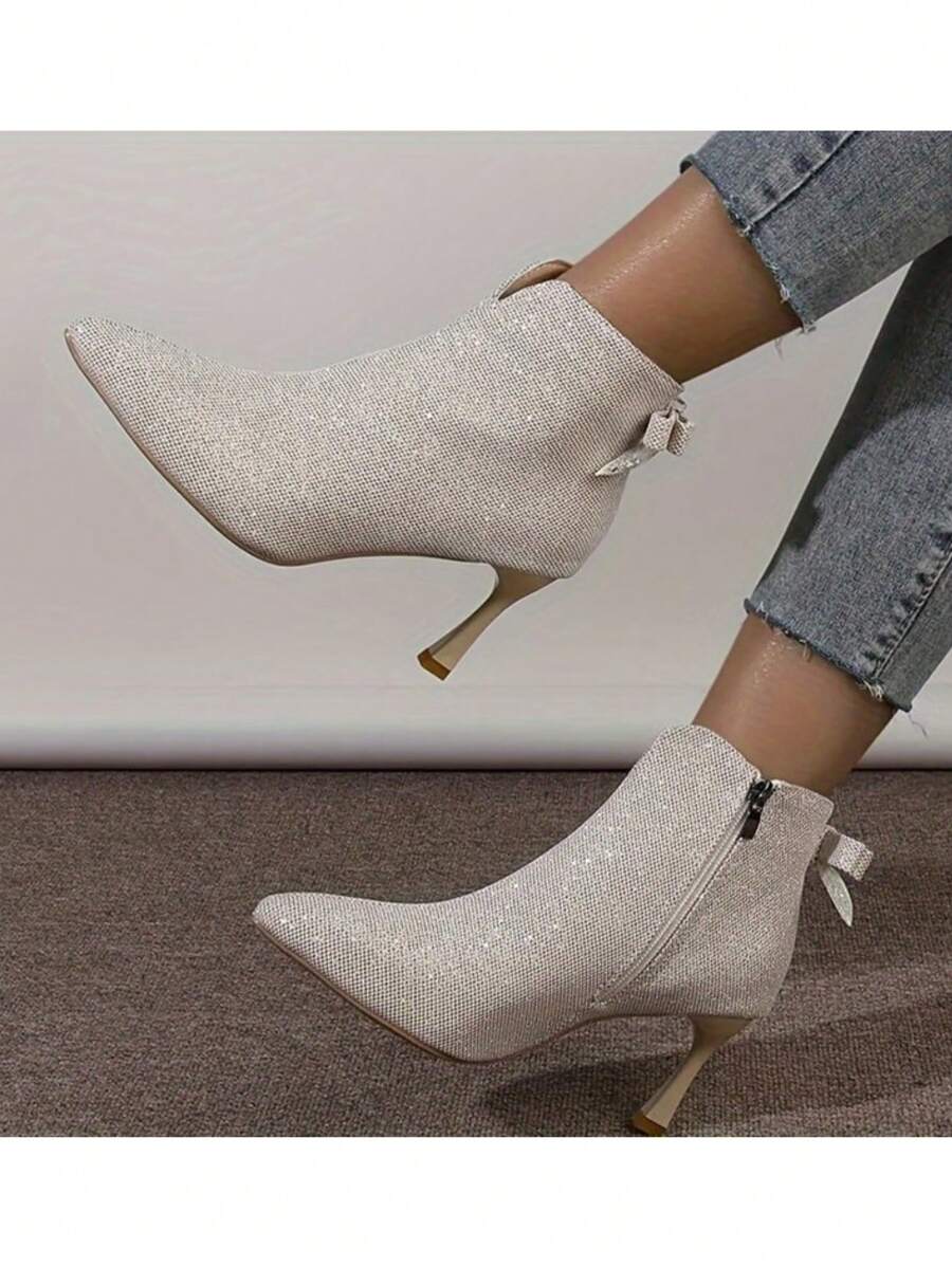 Women's Pointed Toe Slip-On Ankle Boots Stiletto Heels, Zipper Side, Sparkly, Beige, Bow Decor, Daily & Party Wear