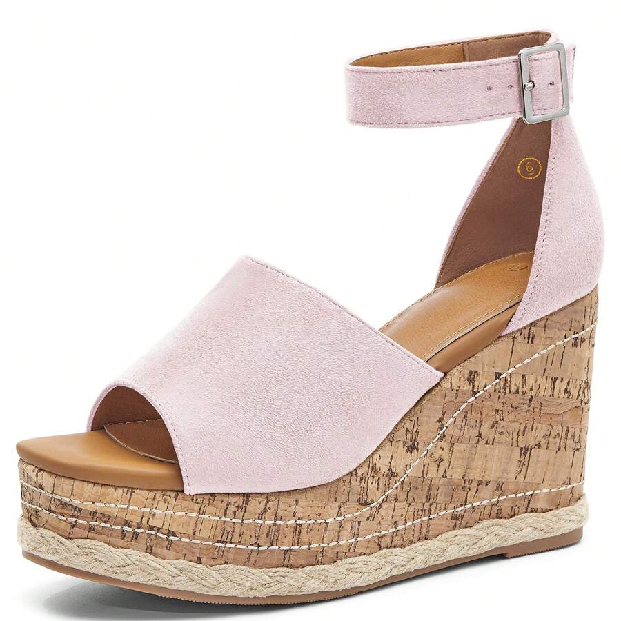 TINSTREE Women's Wedge Platform Espadrille Sandals Braided Open Square Toe Ankle Buckle Strappy Cork Sole Summer Shoes