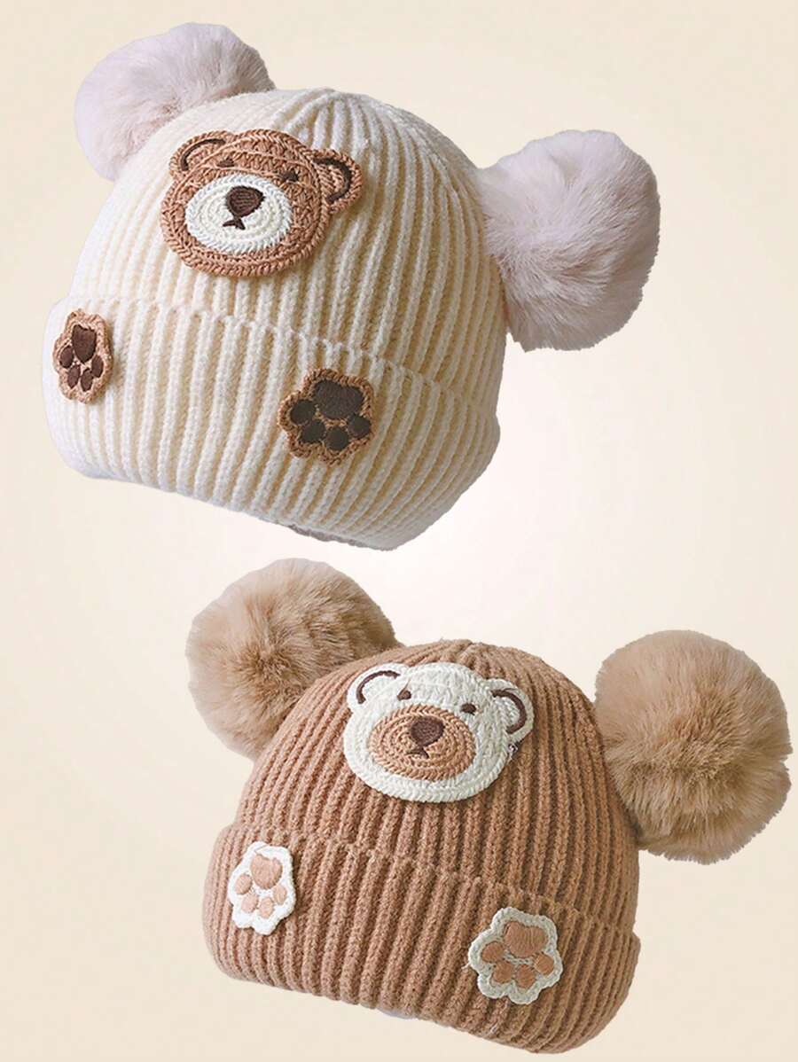 1pc Baby Knitted Hat With Ear Protection, Cute Bear Design, Pompom Decor, Brimless, Unisex, Warm For Autumn & Winter