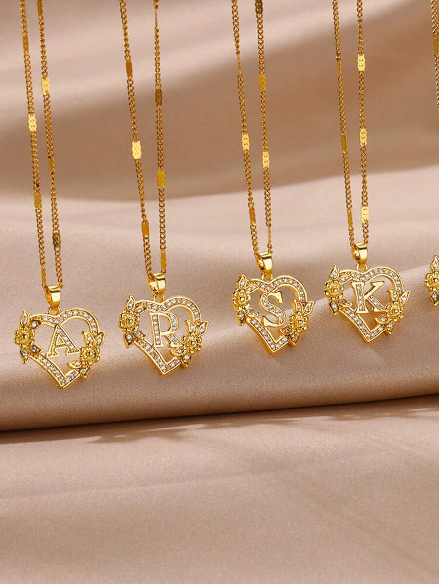 1 Pc Fashion Zirconia Flower Initial Heart Pendant Necklaces For Women Gold Color Stainless Steel Letter Chain Wedding Jewelry Gifts Valentines,Mom,Mother,Mother's Day,Gift