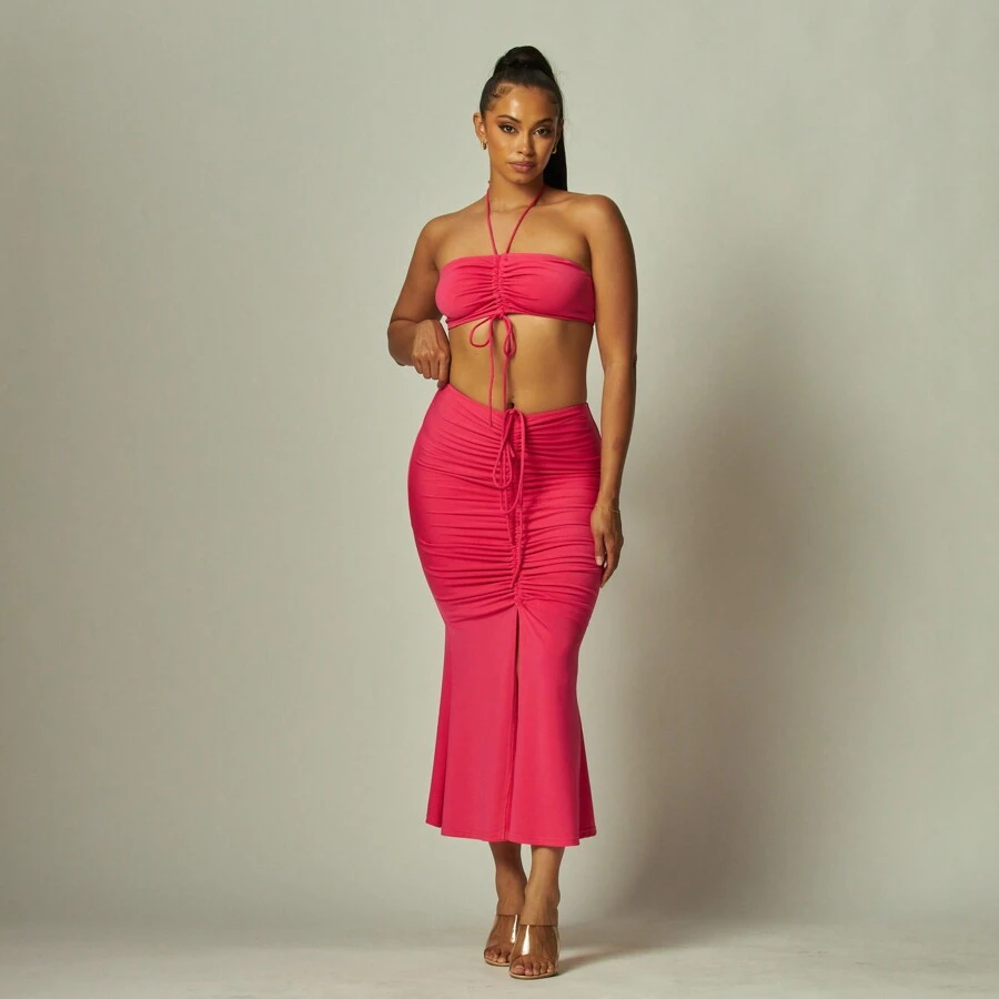 Luminous Label Solid Knit Halter Crop Top And Skirt Set