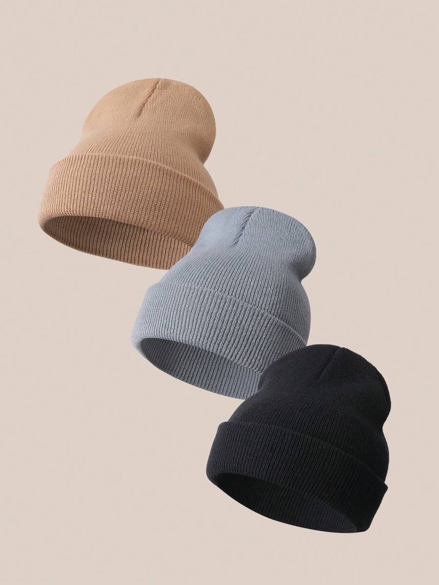3 PIEZAS Gorro de invierno neutral de unicolor simple de moda para niñas y niños, con circunferencia de cabeza elástica que se puede usar, adecuado para el calor diario al aire libre, regalos de Navidad, regalos de Año Nuevo