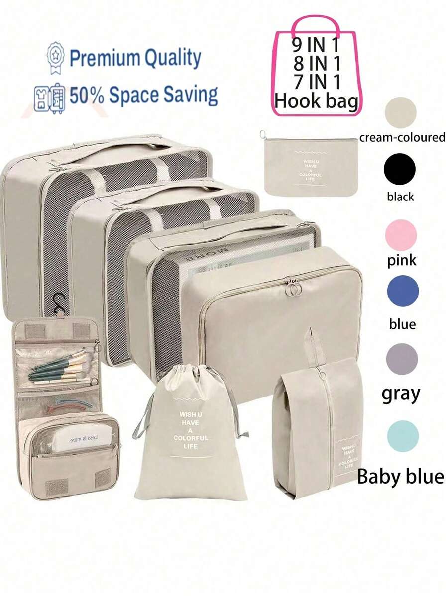 9pcs Portable Travel Organizer Set, Including Large Capacity Handbag, Cosmetic Brush Bag, Clothes Storage Bag, Shoe Bag, Flat Pocket, Bottle Bag, Drawstring Bag, Travel Suitcase, Luggage Dividers, Underwear Storage Bag, Perfect For Maternity And Travel, Suitable For Shirts, Underwear, Clothes, Cosmetic And Toiletry Items Including Makeup Powder, Liquid Foundation, Eye Shadow, Eye Liner, Powder Puff, And Other Cosmetic Tools Such As Eyelash Curler And Lip Liner,Boho Vibes