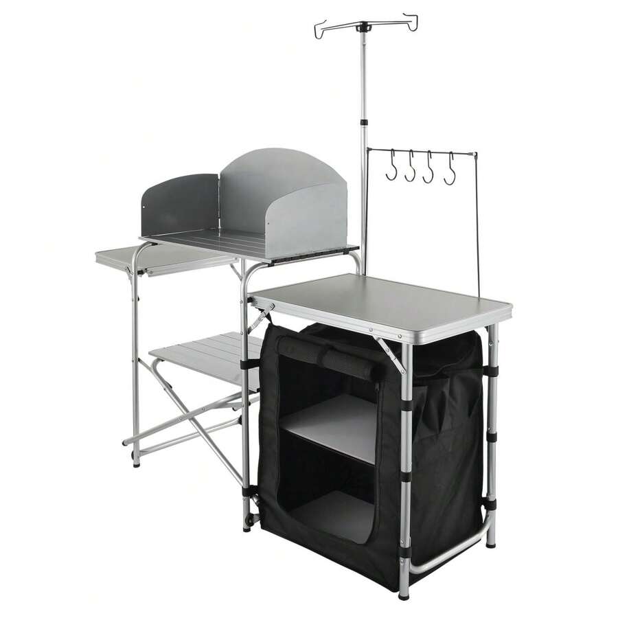 Camping Kitchen Table, Folding Outdoor Cooking Table With Storage Carrying Bag, Aluminum Cook Station 1 Cupboard & Detachable Windscreen, Quick Set-Up For Picnics, BBQ, RV Traveling